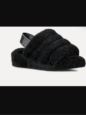 UGG Black Fluffy Crossover Slide with Branded Sling